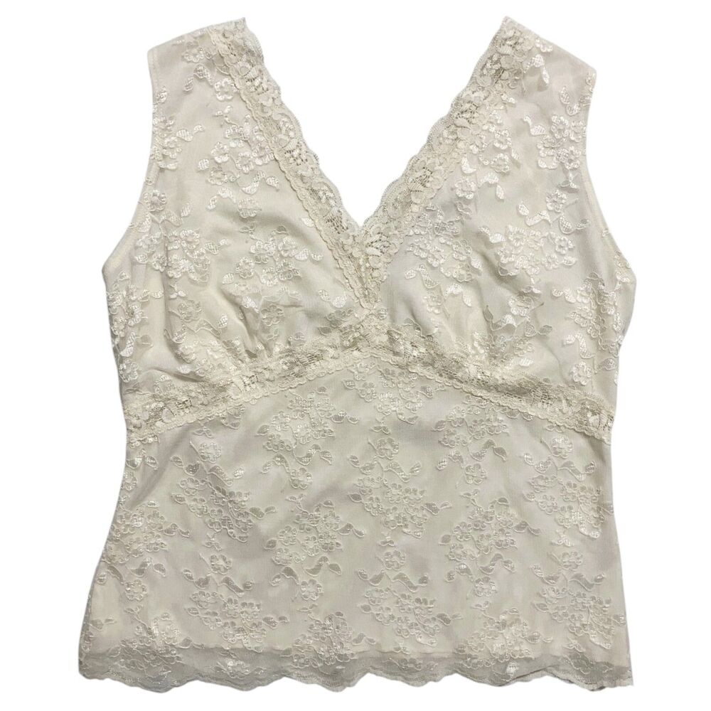 VTG Lace 90s Babydoll Tank Top Cami Cream L Large Petite Coquette Romantic Fairy